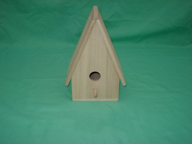 Minimal A-frame wooden bird house with circular entrance hole and small wooden perch