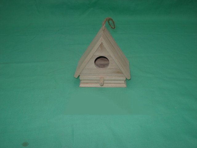 A-frame wooden bird house with rope hanger, log-cabin log base and circular entrance