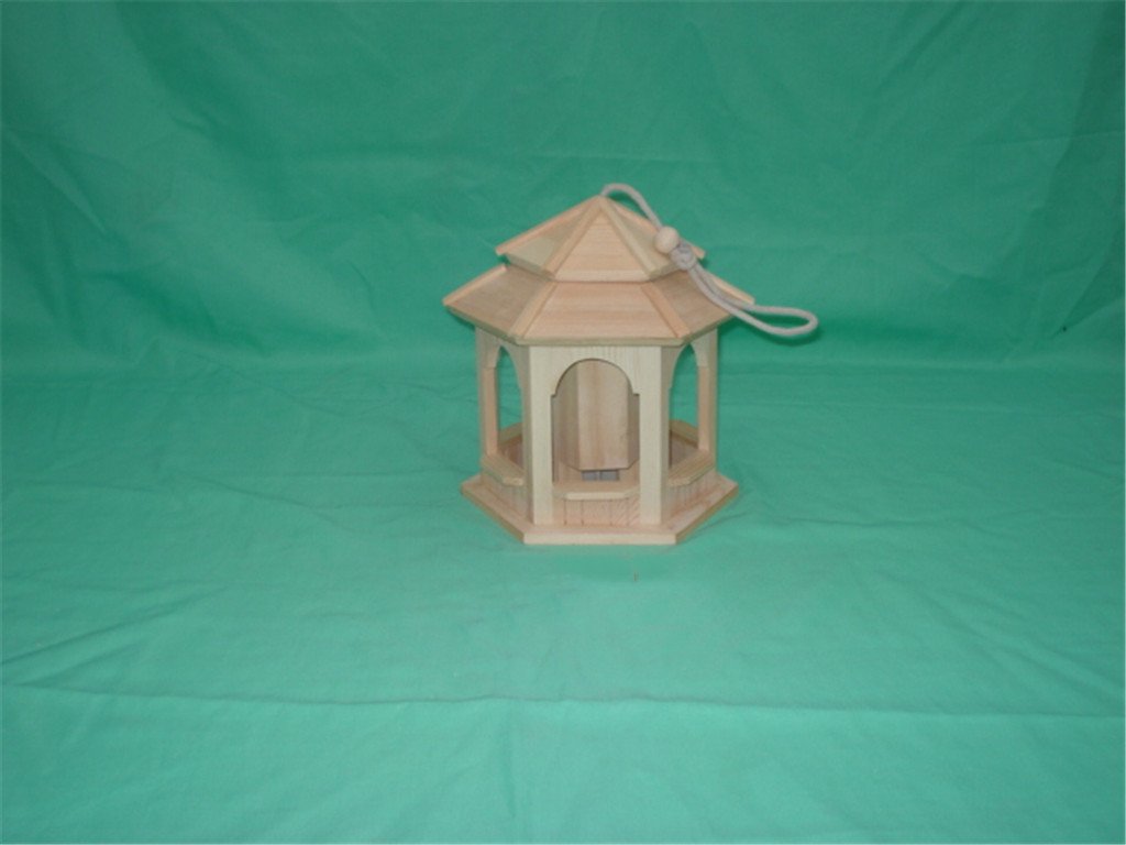 Hexagonal gazebo-style wooden bird feeder with pagoda roof, rope hanger and open sides