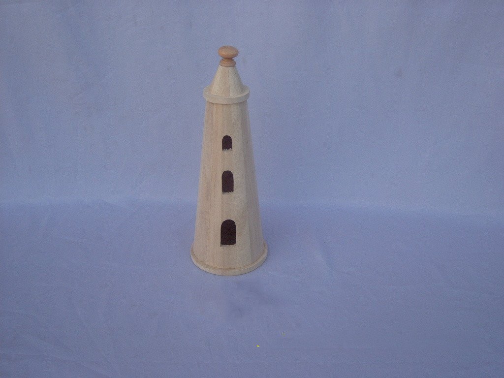 Lighthouse-style wooden bird feeder with three arched openings, domed top and finial