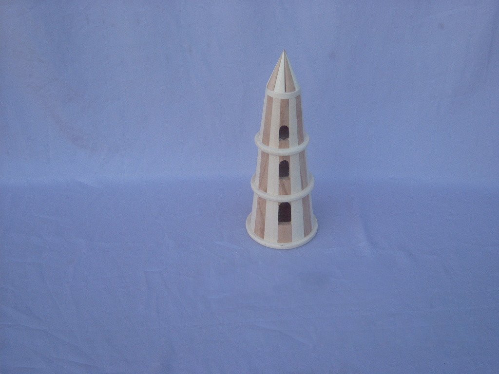 Lighthouse-style wooden bird feeder in two-tone wood stripes with three arched openings and pointed roof
