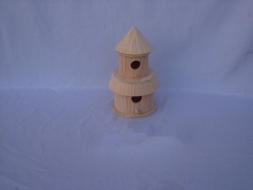 Two-tier round wooden bird house with cone roofs, mid band and two circular entrance holes