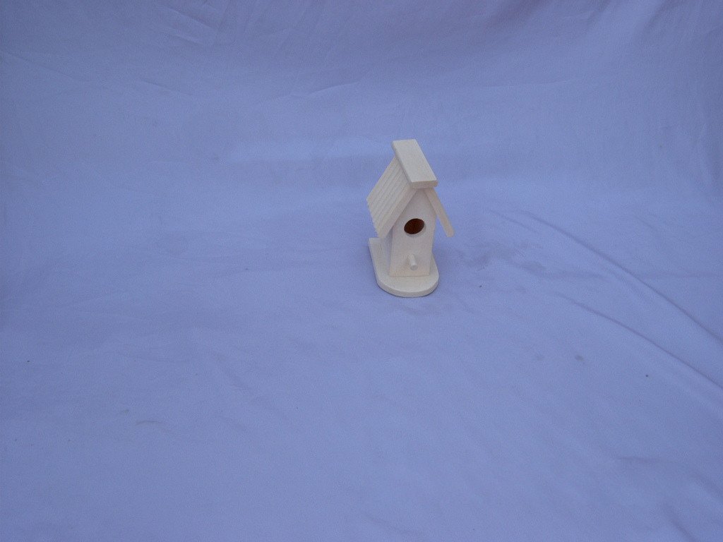 Small simple wooden bird house with sloped roof, circular entrance hole and small perch