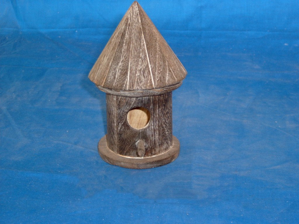 Round tower-style wooden bird house in driftwood finish with cone roof and perch