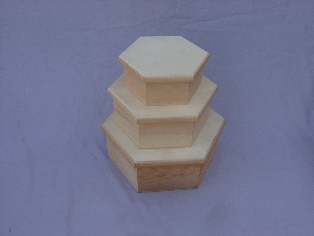 Three-tier hexagonal stepped natural-pine wooden box, unfinished with no hardware