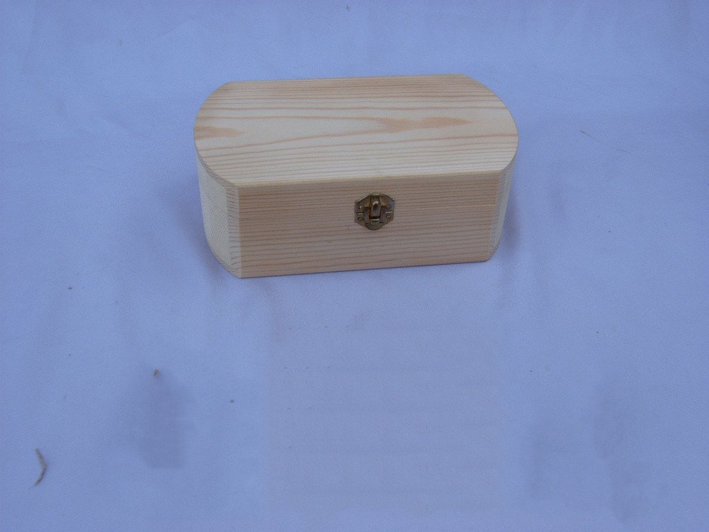 Rounded oval natural-wood wooden box with small brass latch on the lid