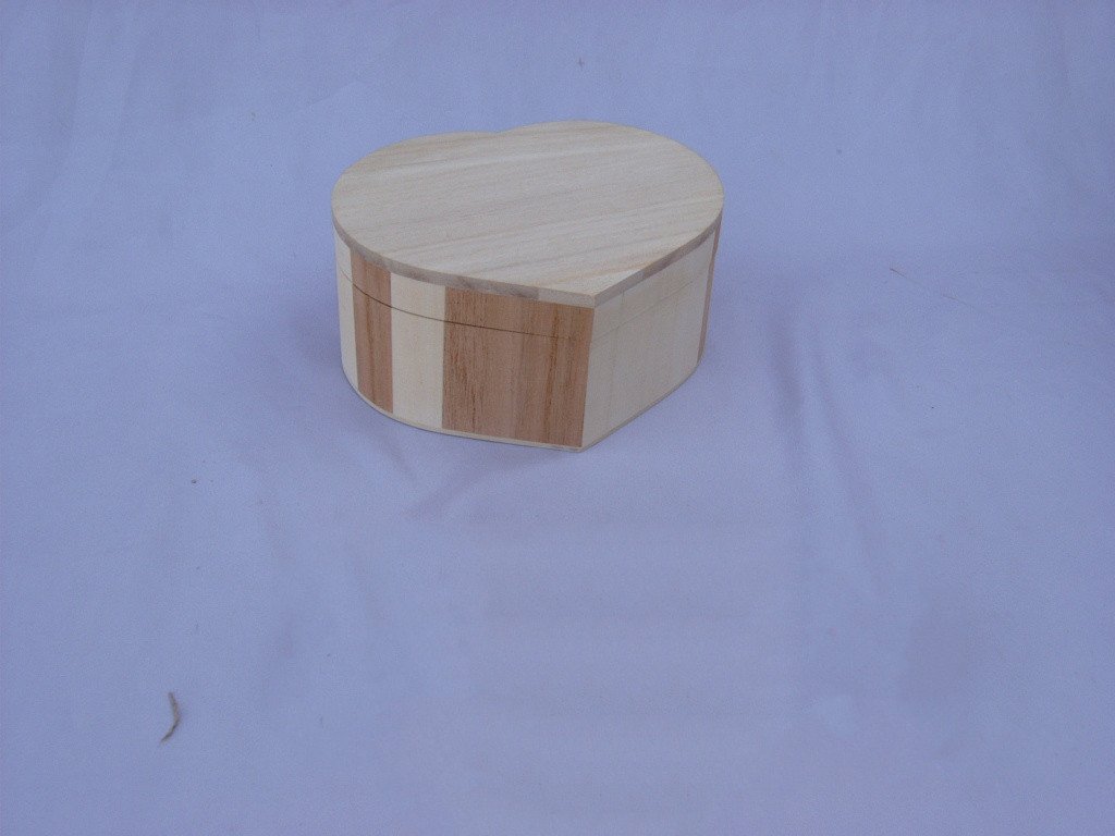 Heart-shaped wooden box with two-tone vertical wood stripe pattern and hinged lid