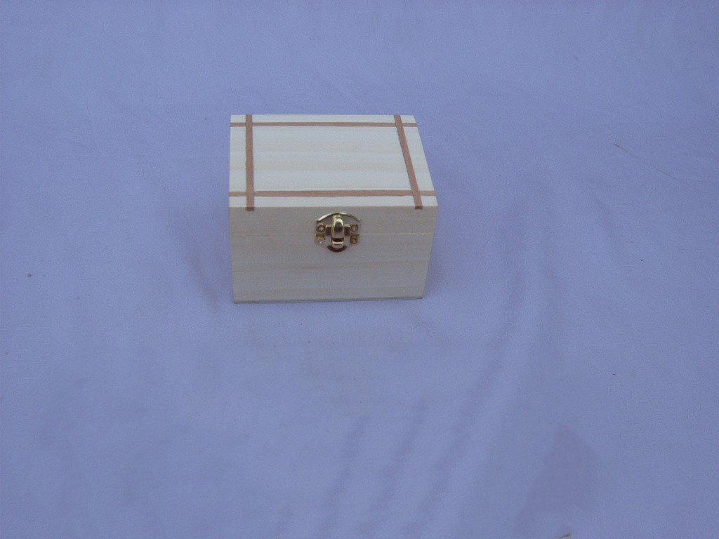 Small square wooden box with inlay banding grid pattern and brass latch