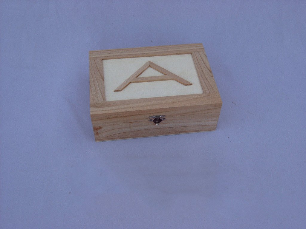 Rectangular wooden box with light central panel, triangular gable mountain inlay and silver latch