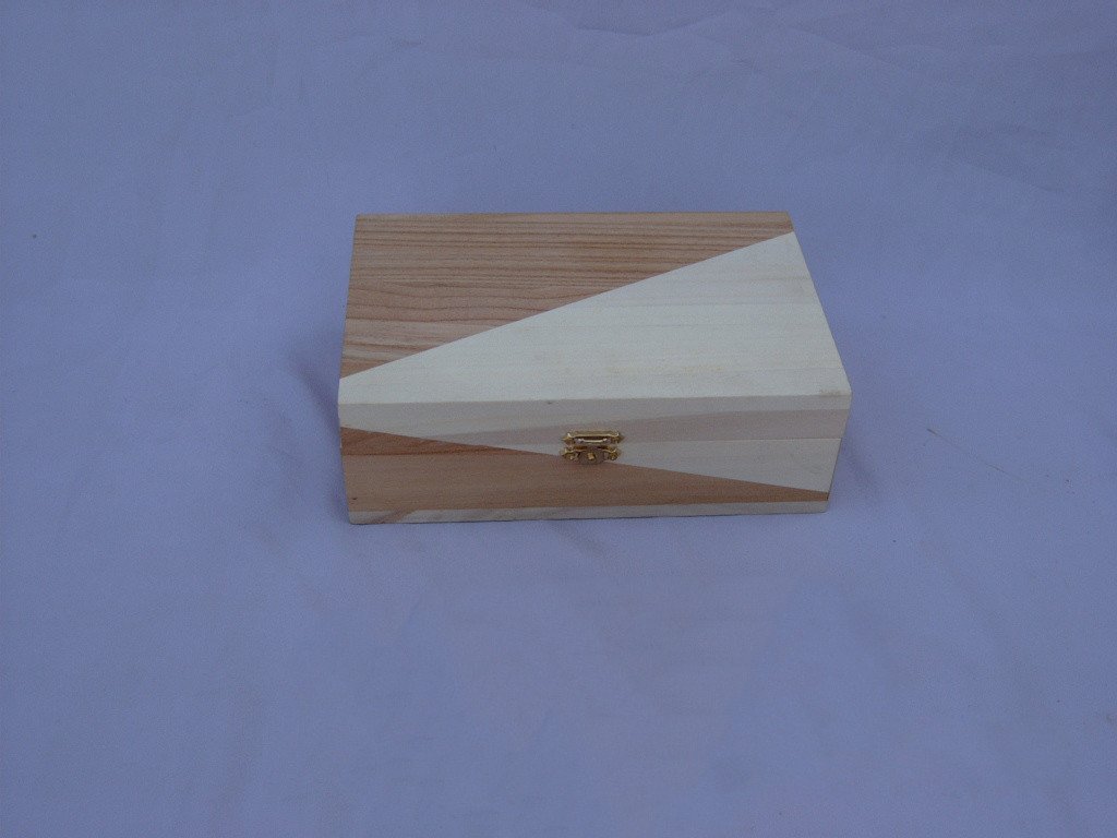 Rectangular wooden box with diagonal two-tone light and dark wood pattern, brass latch
