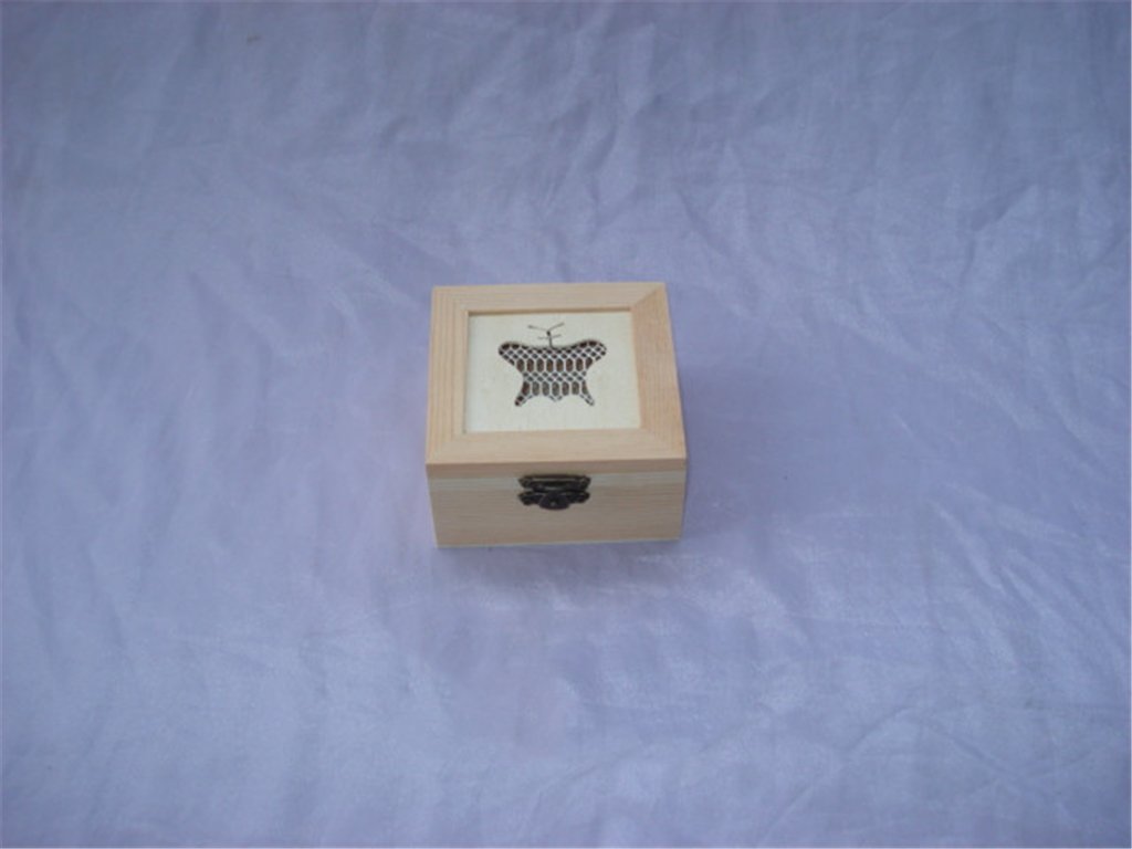 Square wooden box with butterfly cutout on white inlay panel and bronze latch