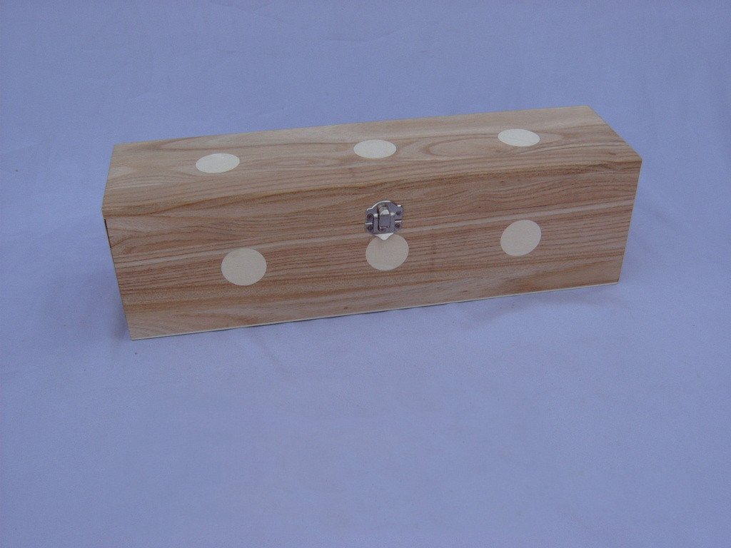 Long rectangular wooden box with white circle / dot inlays on ash wood and silver latch