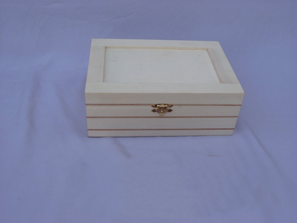 Rectangular wooden box with framed lid panel and double stripe banded sides, brass latch