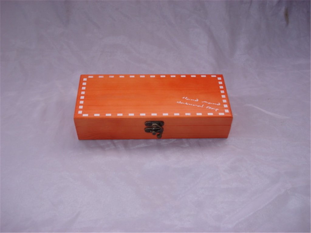Rectangular orange-red wooden box with white square border inlay on lid, Hand made international tool text and antique brass latch