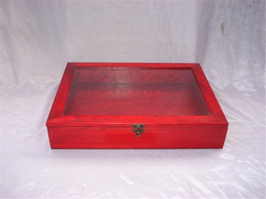 Large red lacquered wooden display box with glass top window, burled wood inlay interior and brass latch