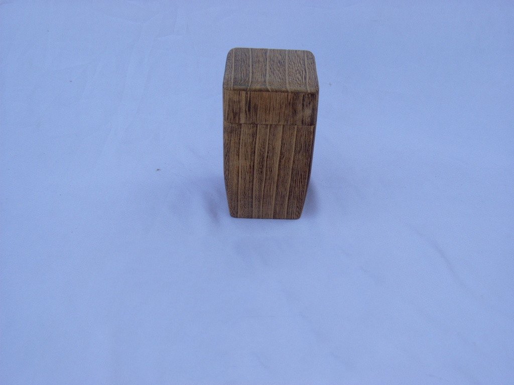 Tall tapered rectangular wooden box in dark oak finish with curved sides, no visible hardware