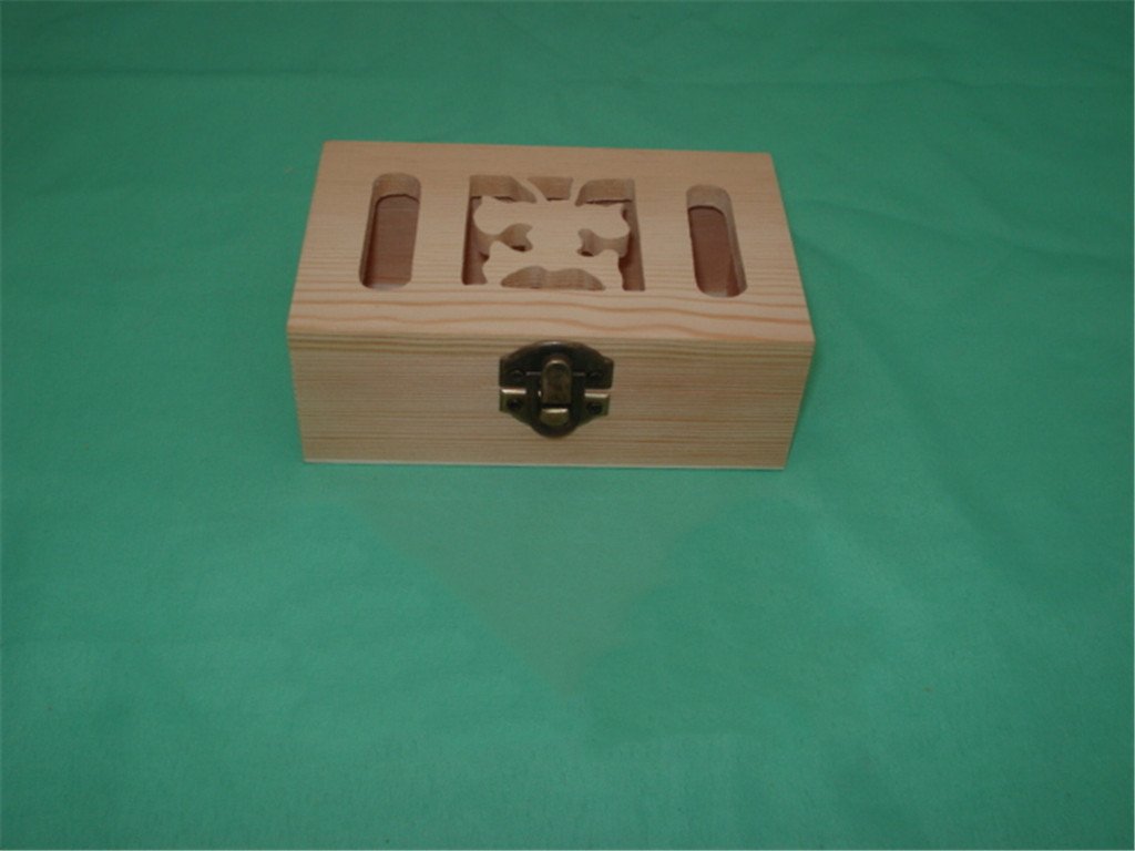 Rectangular natural-pine wooden box with butterfly-shaped cutout and two slot cutouts on lid, antique brass latch