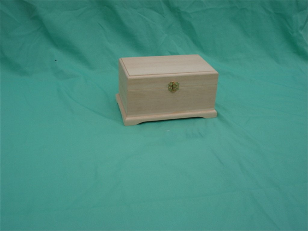 Rectangular natural-pine wooden box with raised base / foot and brass clasp on front