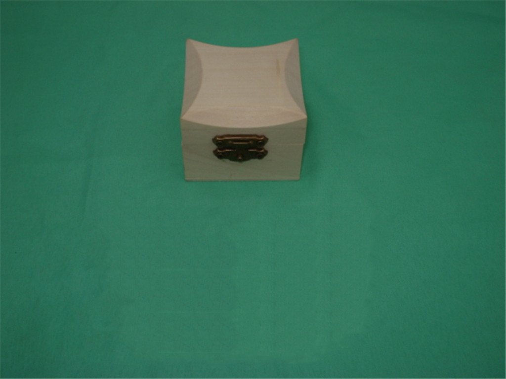 Small white square wooden box with concave curved pinched X-shape top and bronze latch