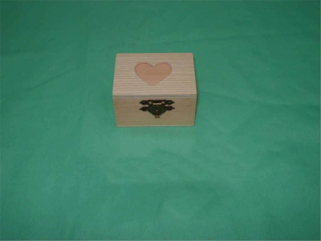 Small square wooden box with heart cutout on lid and bronze latch