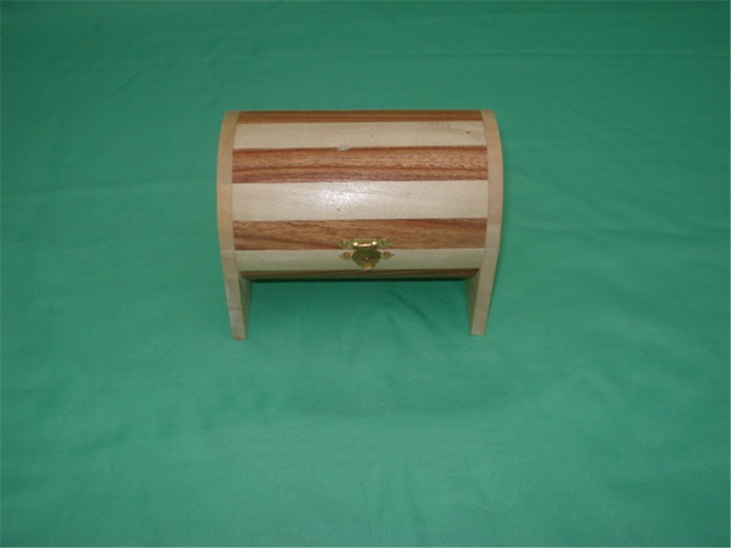 Domed wooden treasure-chest style box in two-tone wood stripes (natural / cedar), brass latch, on four small feet