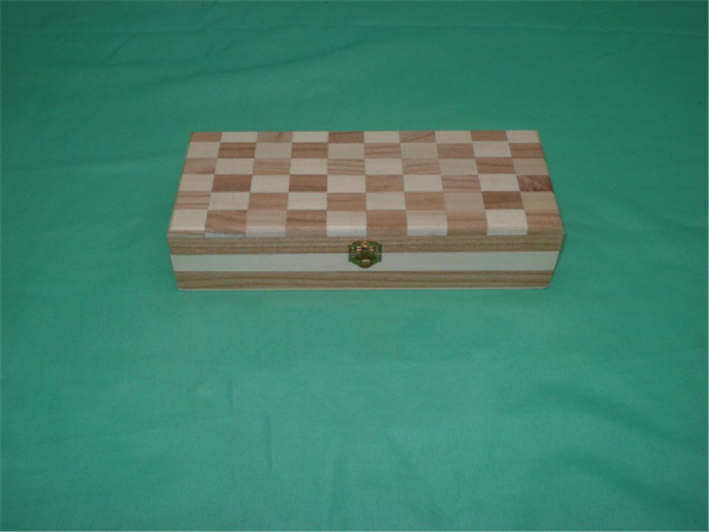 Long rectangular wooden box with chessboard checkered pattern top in light and dark wood, striped sides, brass clasp