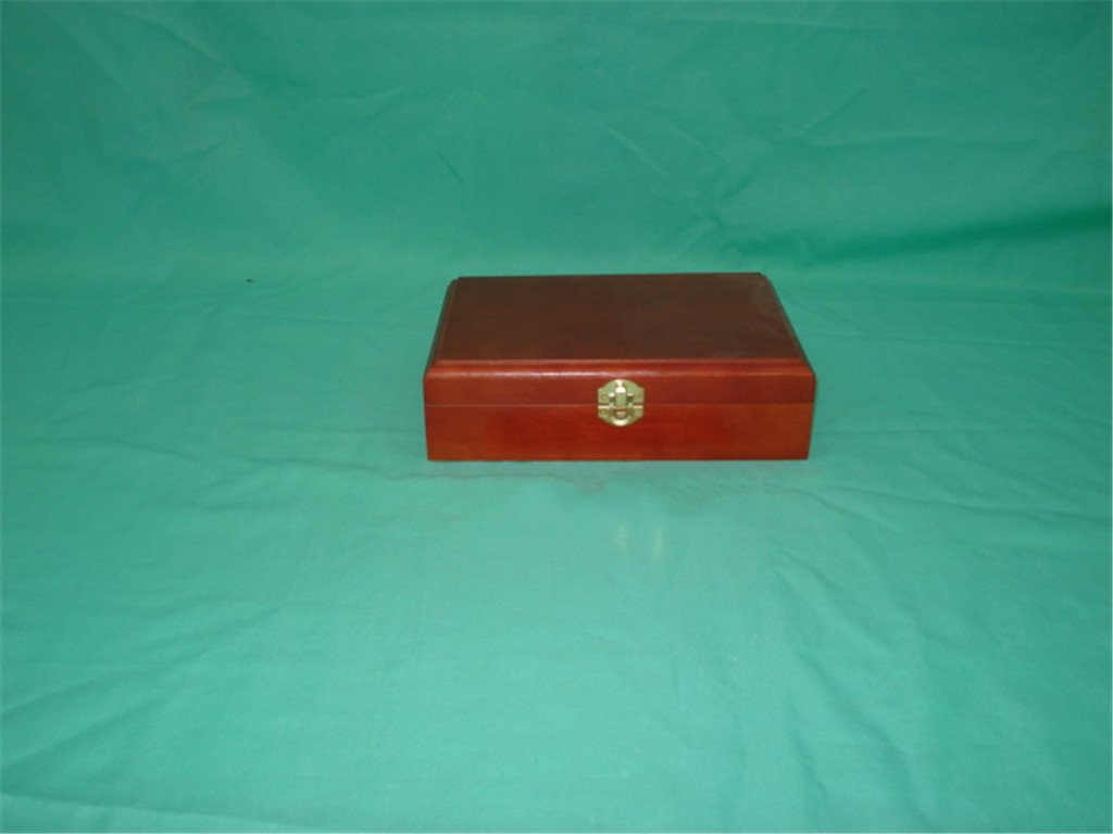 Long flat rectangular wooden box in red finish with brass latch