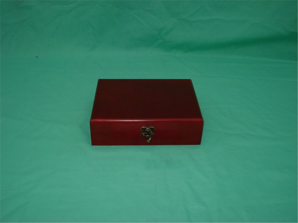 Square wooden box in deep red finish with rounded corners and no visible hardware