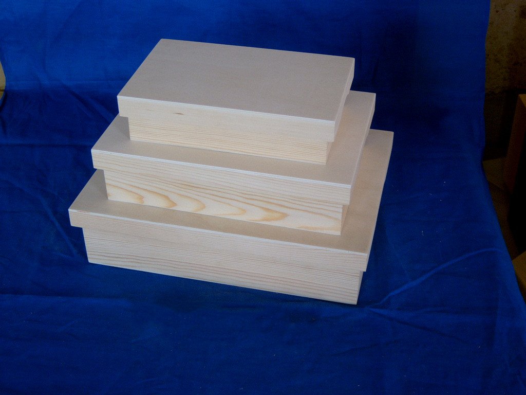 Three-tier nested square wooden box set in unfinished natural pine, plain