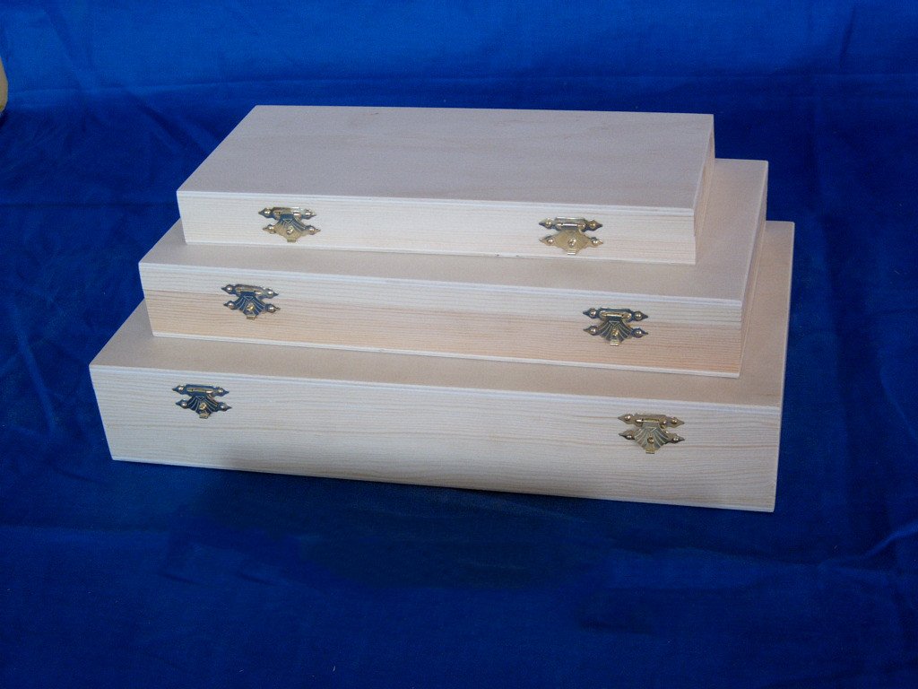 Three-tier nested square wooden box set in natural pine with brass latches