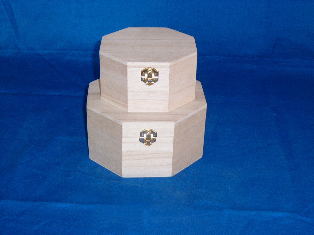 Two-tier octagonal nested natural-pine wooden box set with brass latches
