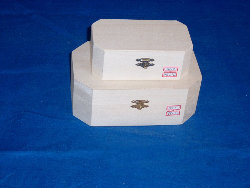 Two-tier octagonal nested natural-pine wooden box set with bronze latches and product labels