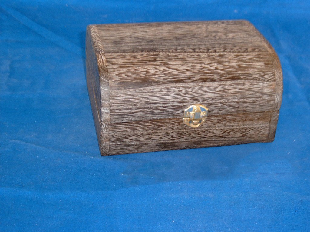 Domed driftwood-stained wooden jewelry box with brass latch