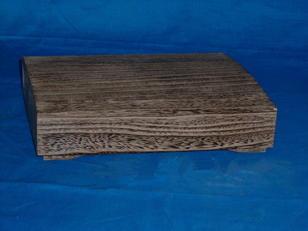Rectangular driftwood-stained wooden box with footed base, no visible hardware