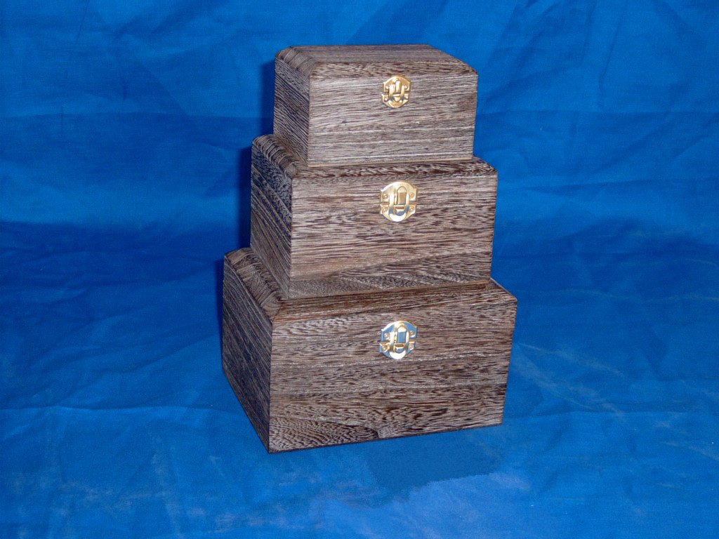 Three-tier nested square wooden box set in driftwood finish with brass latches