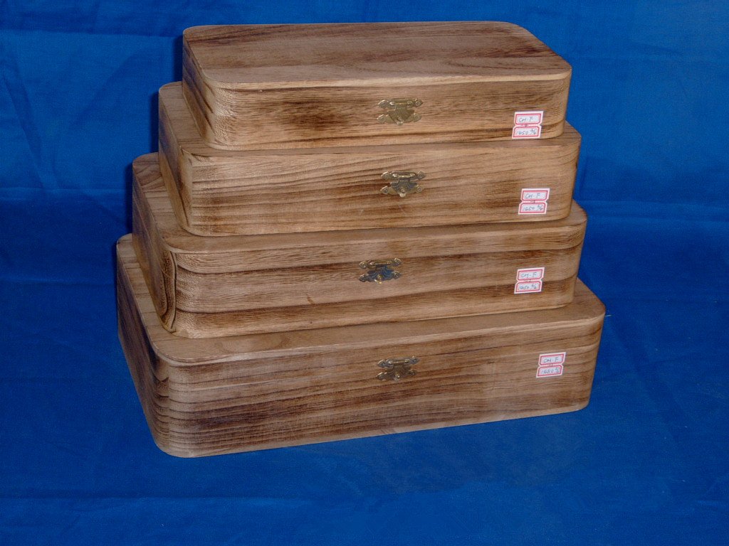 Four-tier nested rectangular wooden box set in natural light oak finish with brass latches and product labels