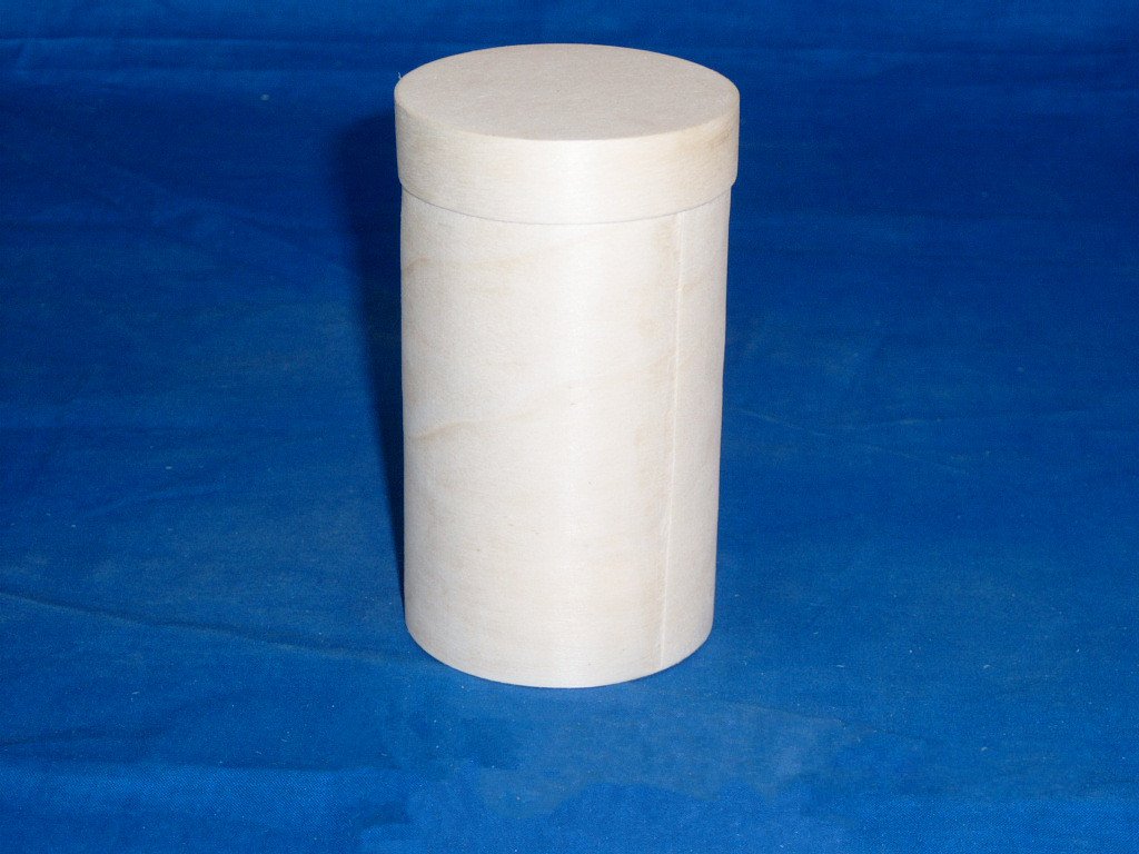 Tall cylindrical natural-wood wooden box with flat top lid, unfinished