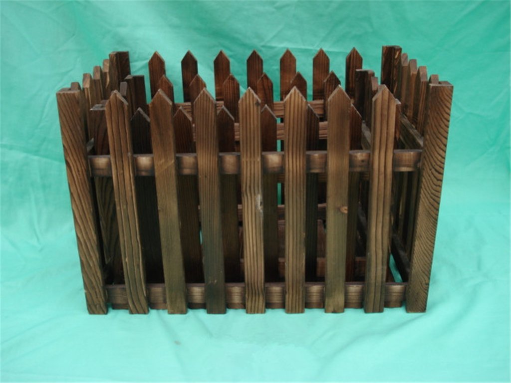 Square picket-fence style wooden flower pot in dark burnt-wood finish, custom outdoor planter