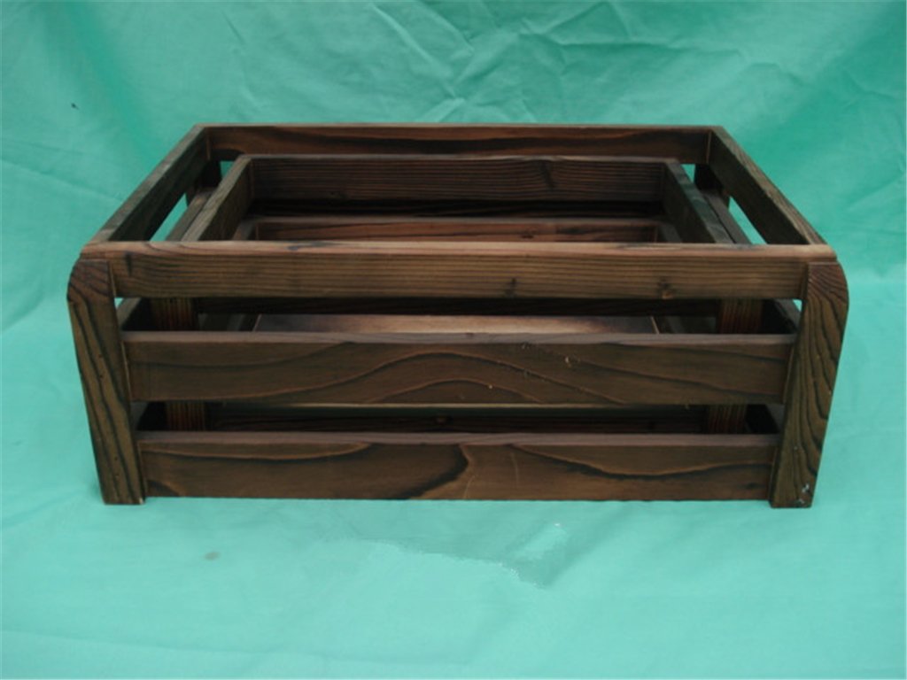 Rectangular slatted-frame wooden flower pot in dark wood, rustic garden planter