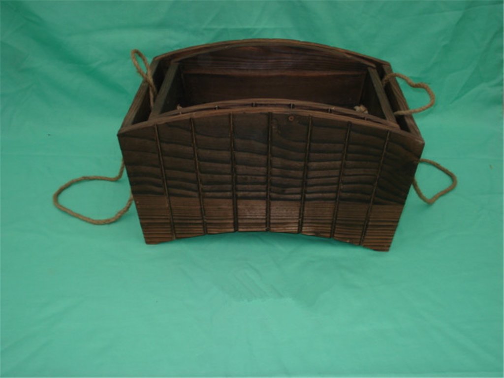Curved barrel-style wooden flower pot with jute rope handles, custom dark wood planter