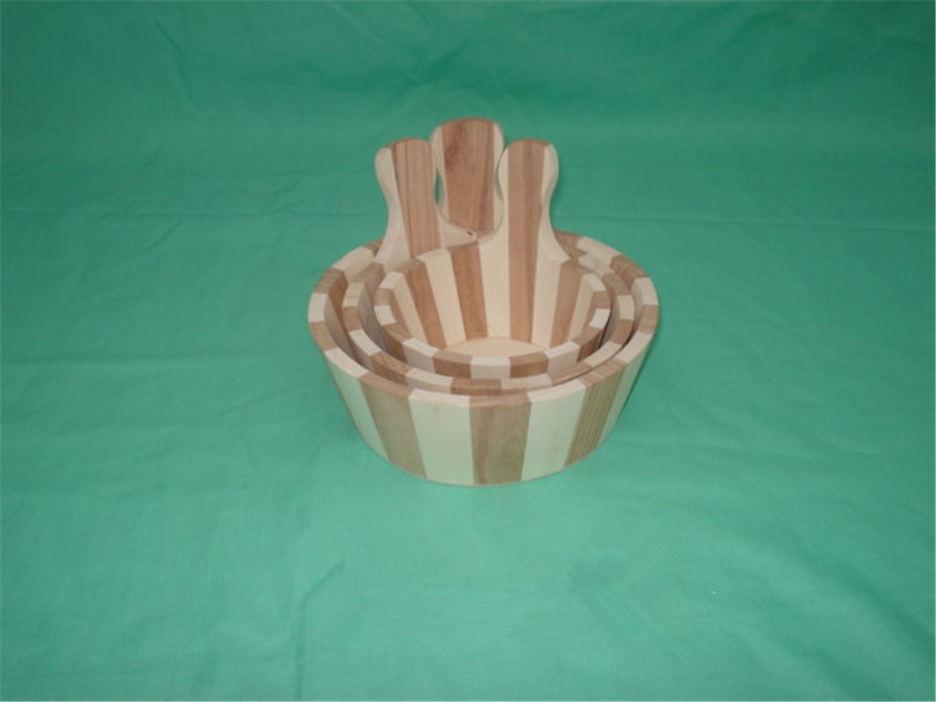 Three-tier nested striped round wood bowl set, decorative wooden flower pot collection
