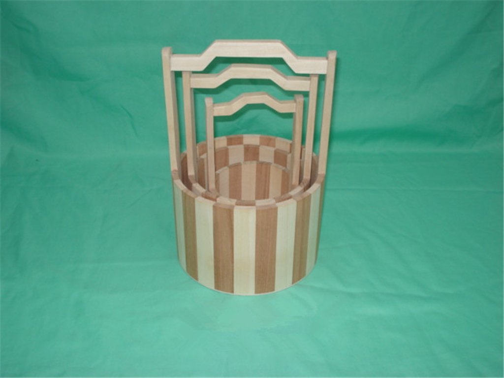 Round striped wooden flower pot set with arched handles, three nested sizes