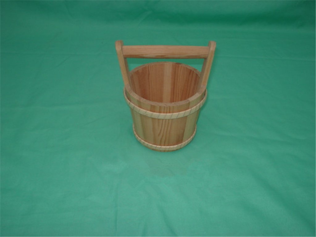Round natural-wood pail-style flower pot with flat top handle