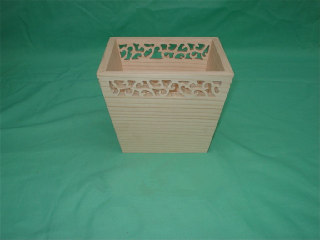 Square tapered natural-wood flower pot with carved openwork decorative panel