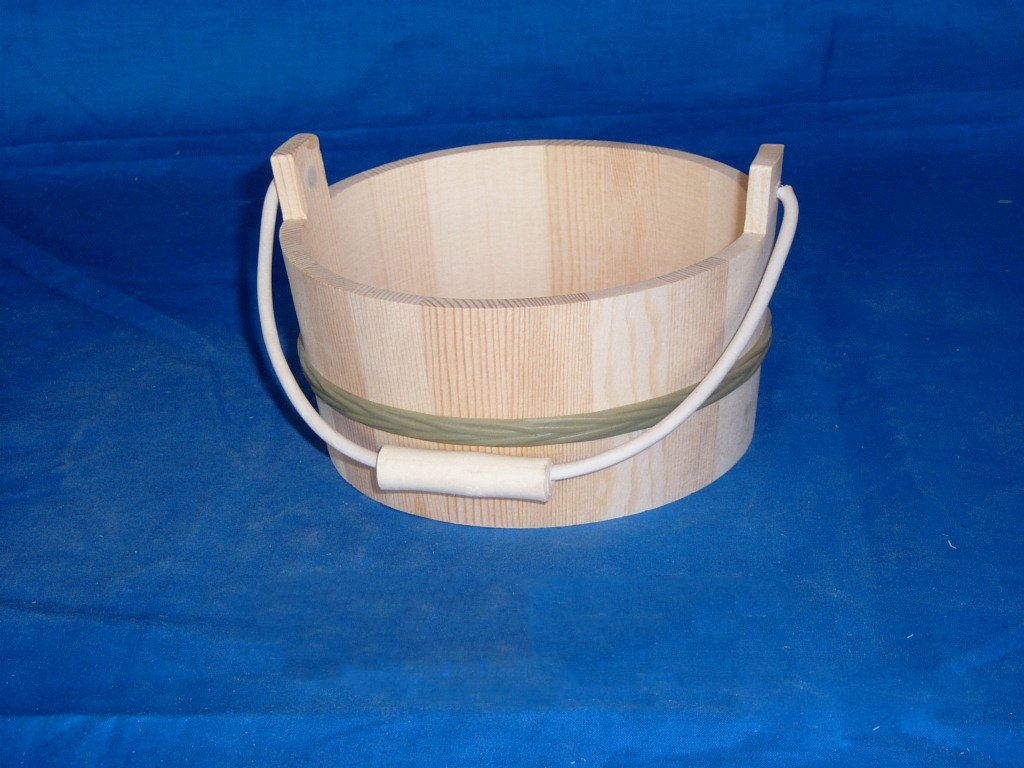Round natural-wood wooden pail flower pot with rope handle and metal band