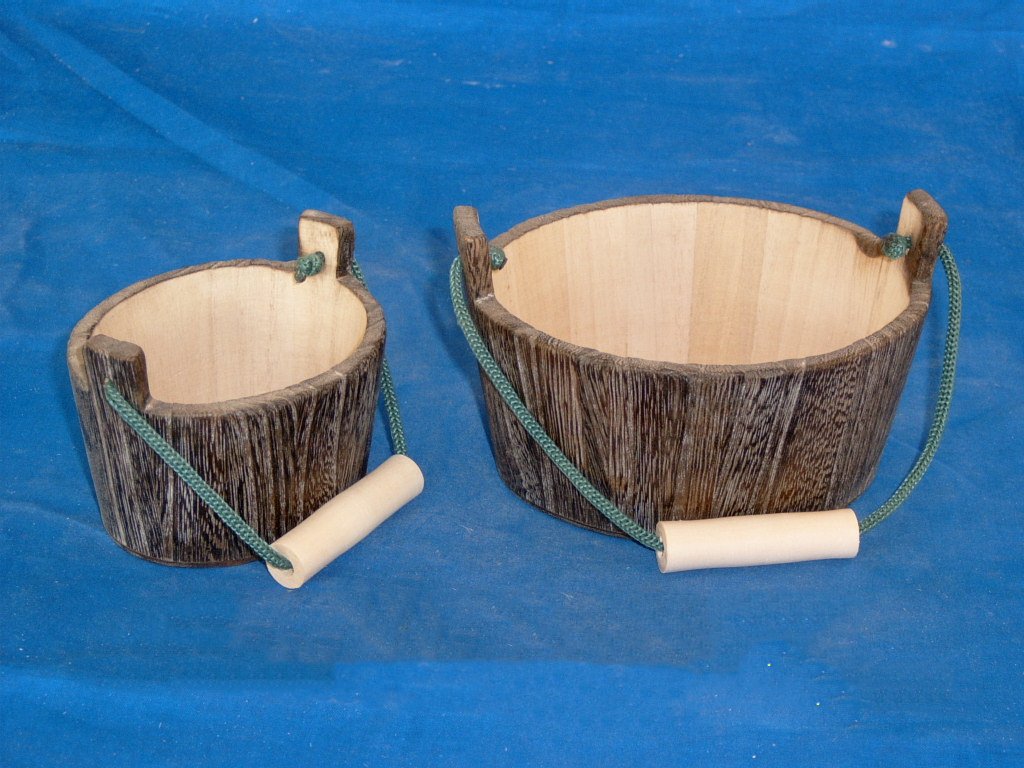 Set of two dark-stained wooden flower pots with green rope handles, different sizes