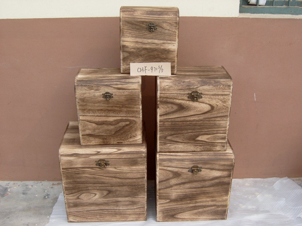Five-piece natural wood square wooden storage chest set with brass latches