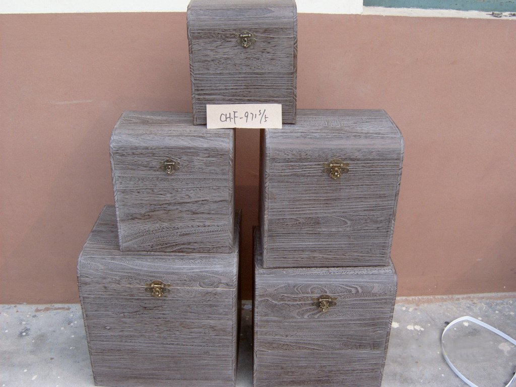 Five-piece grey ash-finish square wooden storage chest set with brass latches