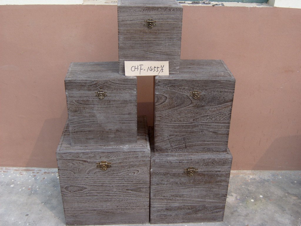 Five-piece grey ash-finish square wooden storage chest set with brass latches, taller design