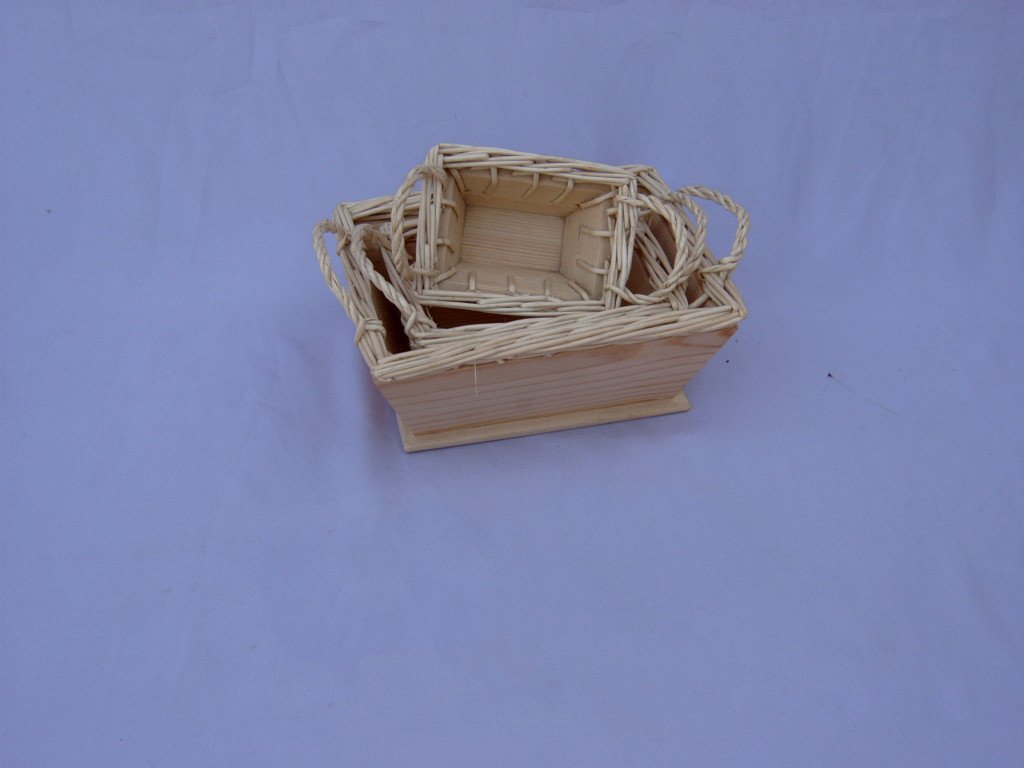 Rectangular wooden basket / tray with woven rattan sides and footed base